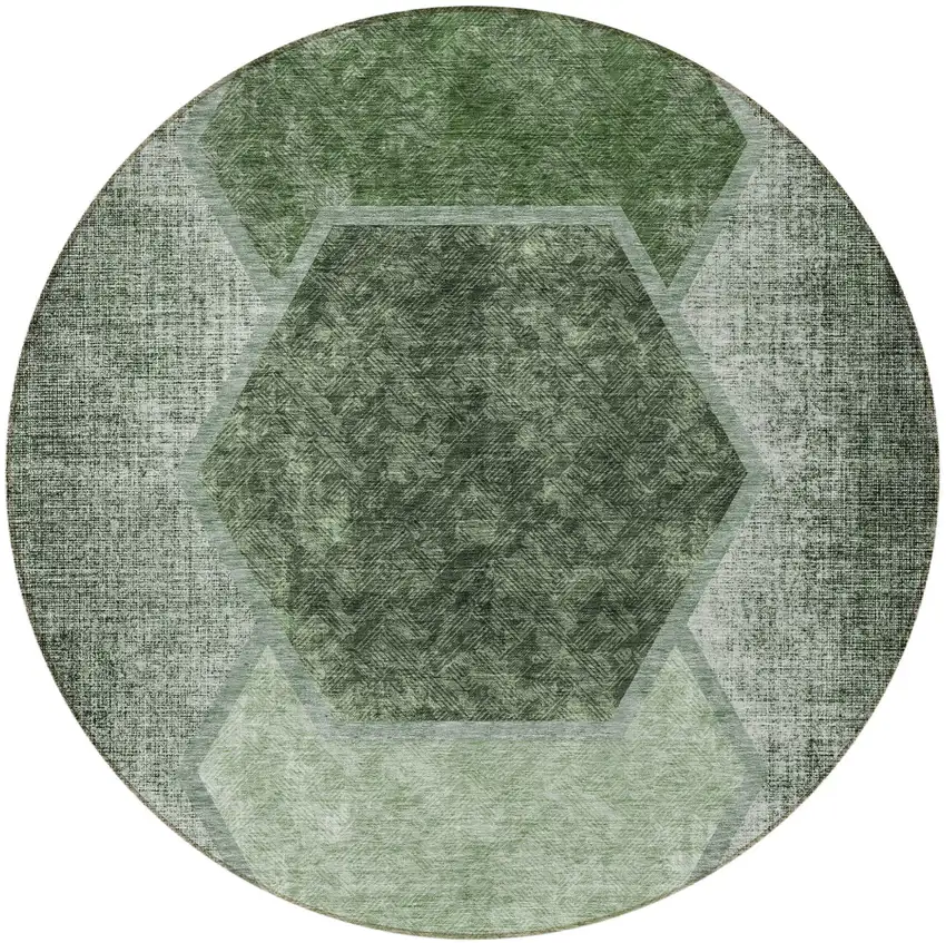 8' Olive Green And Artichoke Green Round Geometric Washable Indoor Outdoor Area Rug Photo 5