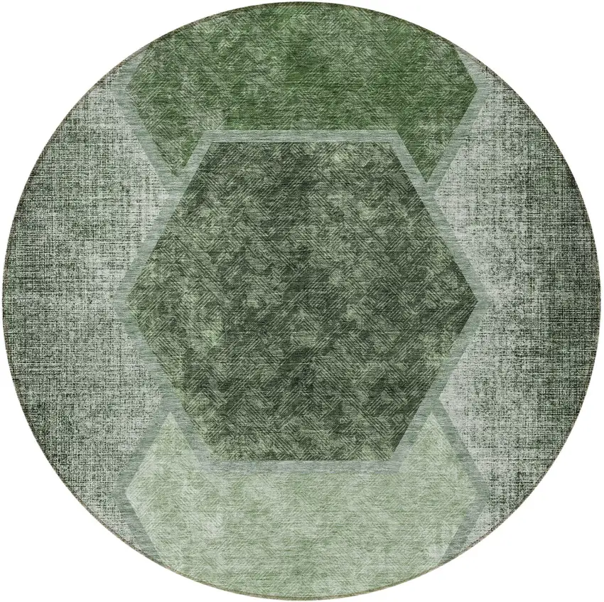 8' Olive Green And Artichoke Green Round Geometric Washable Indoor Outdoor Area Rug Photo 5