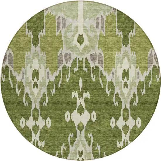 8' Olive Green And Artichoke Green Round Ikat Washable Indoor Outdoor Area Rug Photo 1