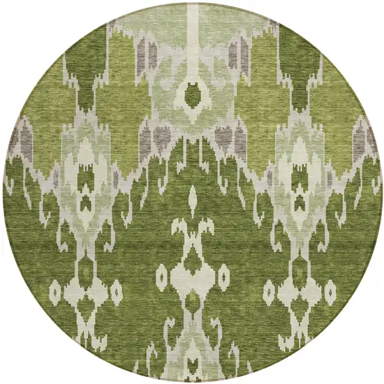 8' Olive Green And Artichoke Green Round Ikat Washable Indoor Outdoor Area Rug Photo 1