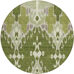 Photo of 8' Olive Green And Artichoke Green Round Ikat Washable Indoor Outdoor Area Rug