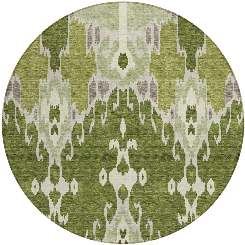 8' Olive Green And Artichoke Green Round Ikat Washable Indoor Outdoor Area Rug Photo 1