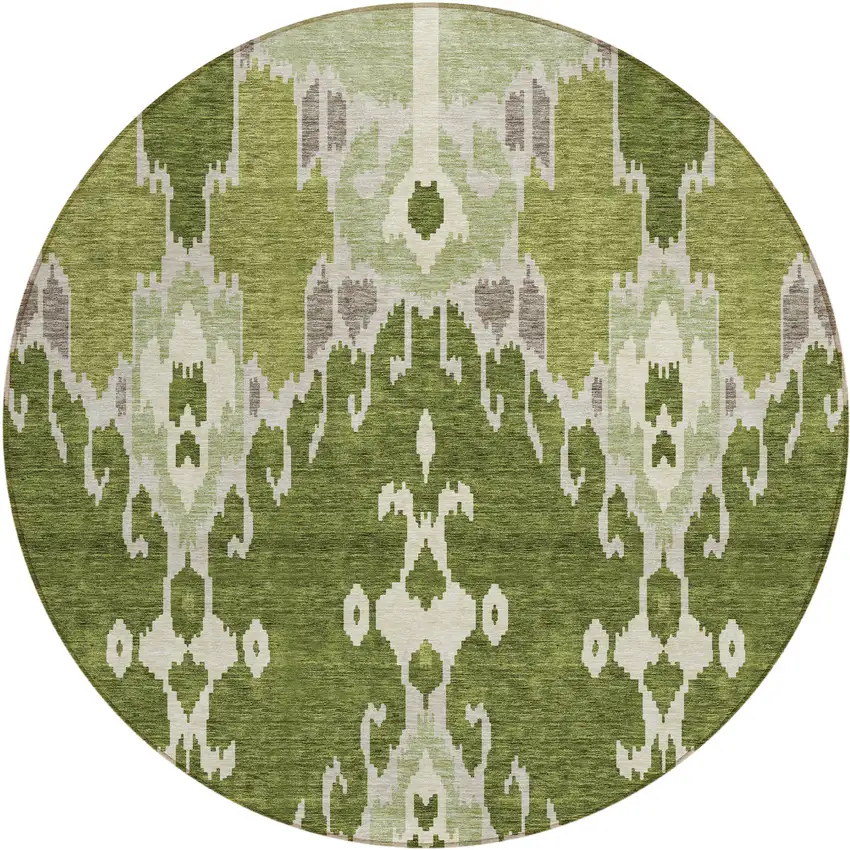 8' Olive Green And Artichoke Green Round Ikat Washable Indoor Outdoor Area Rug Photo 1