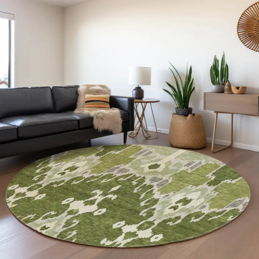 8' Olive Green And Artichoke Green Round Ikat Washable Indoor Outdoor Area Rug Photo 6