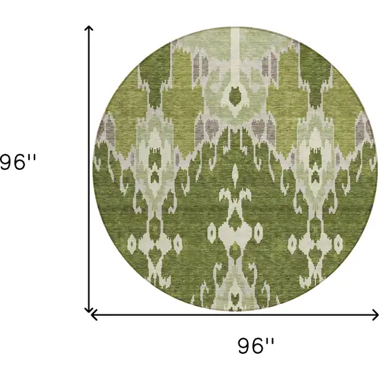 8' Olive Green And Artichoke Green Round Ikat Washable Indoor Outdoor Area Rug Photo 7