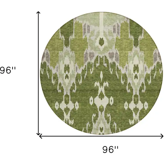 8' Olive Green And Artichoke Green Round Ikat Washable Indoor Outdoor Area Rug Photo 7