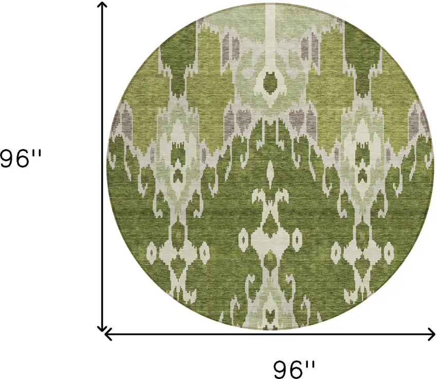 8' Olive Green And Artichoke Green Round Ikat Washable Indoor Outdoor Area Rug Photo 7