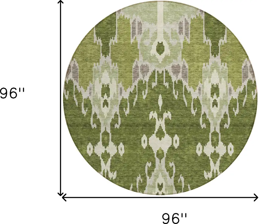 8' Olive Green And Artichoke Green Round Ikat Washable Indoor Outdoor Area Rug Photo 7