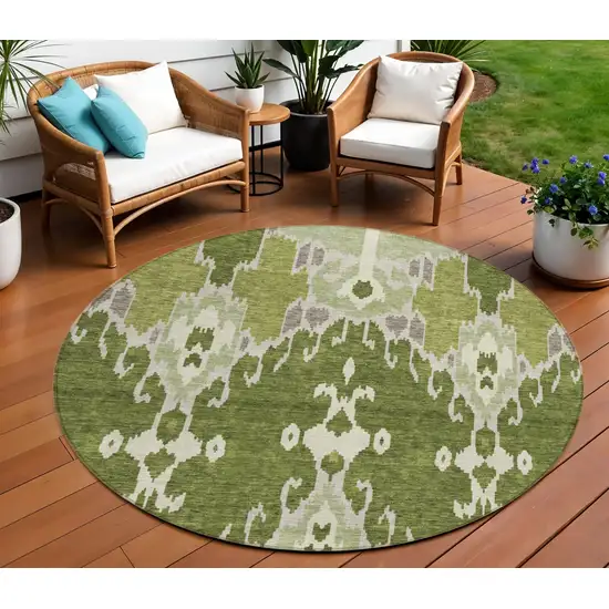 8' Olive Green And Artichoke Green Round Ikat Washable Indoor Outdoor Area Rug Photo 1