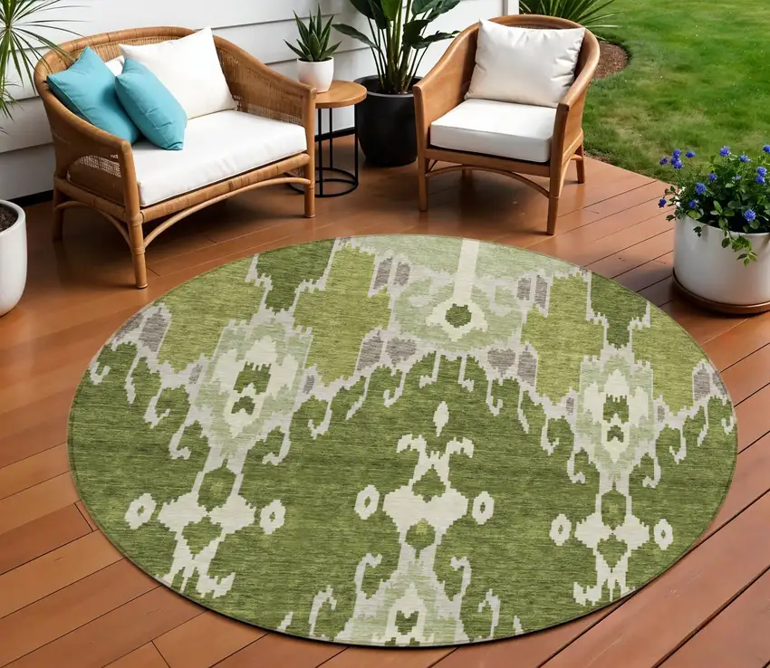 8' Olive Green And Artichoke Green Round Ikat Washable Indoor Outdoor Area Rug Photo 1