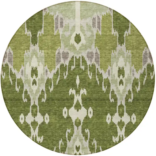 8' Olive Green And Artichoke Green Round Ikat Washable Indoor Outdoor Area Rug Photo 4