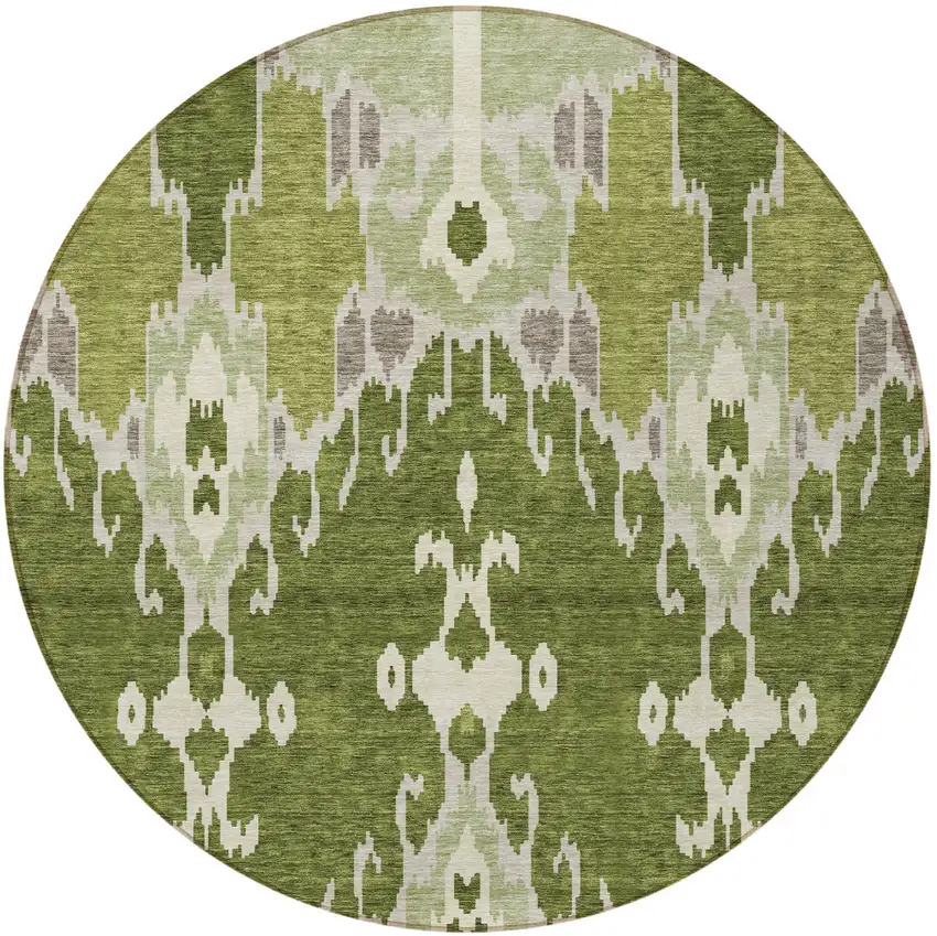 8' Olive Green And Artichoke Green Round Ikat Washable Indoor Outdoor Area Rug Photo 4
