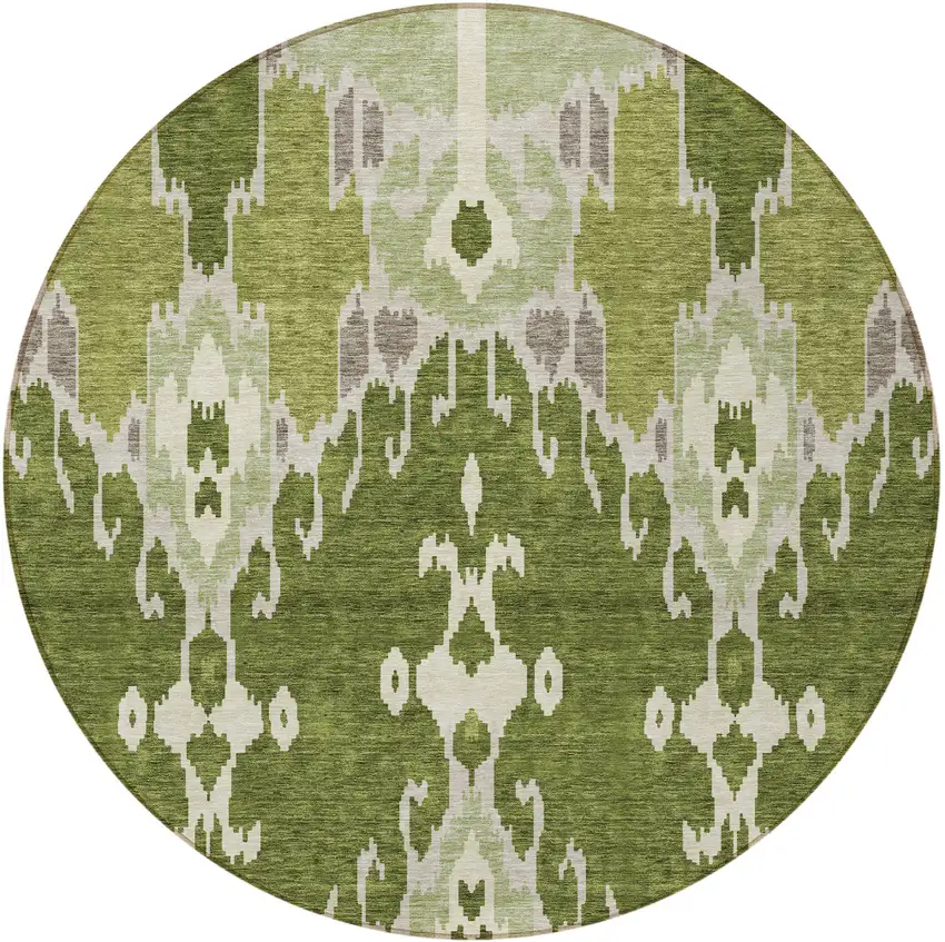 8' Olive Green And Artichoke Green Round Ikat Washable Indoor Outdoor Area Rug Photo 4