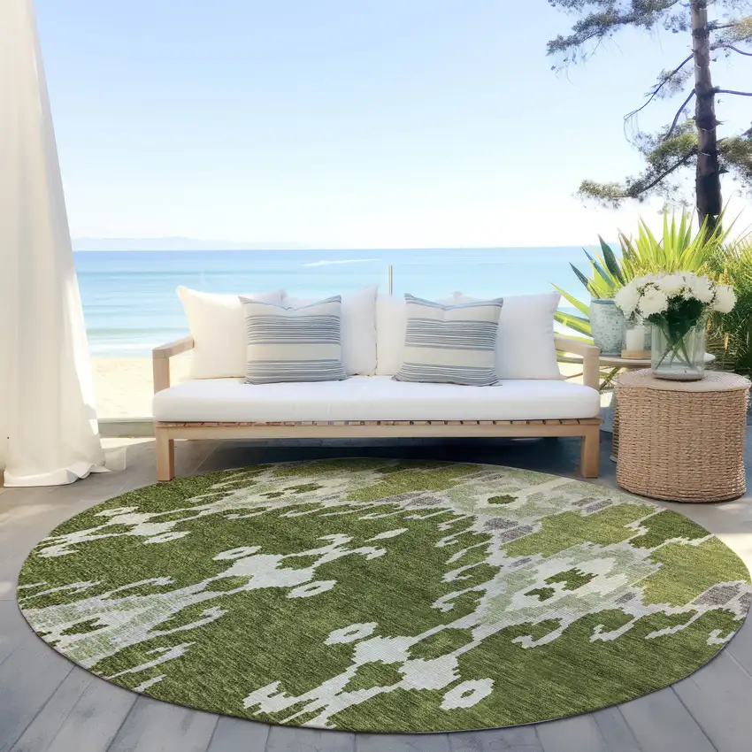 8' Olive Green And Artichoke Green Round Ikat Washable Indoor Outdoor Area Rug Photo 5