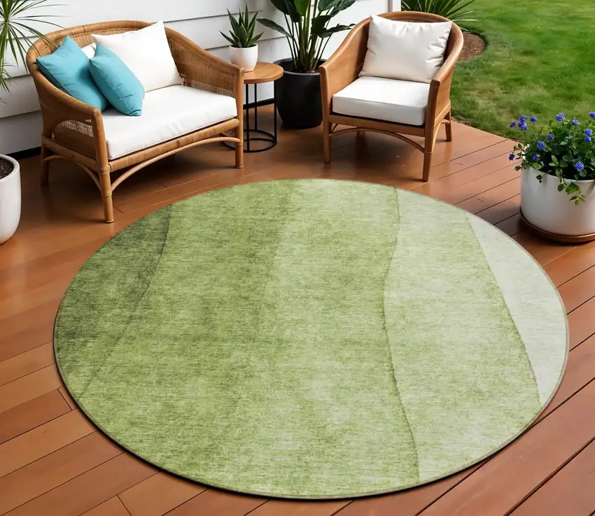 8' Olive Green And Artichoke Green Round Ombre Washable Indoor Outdoor Area Rug Photo 1