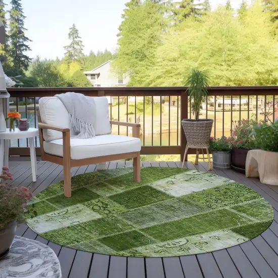 8' Olive Green And Artichoke Green Round Patchwork Washable Indoor Outdoor Area Rug Photo 6