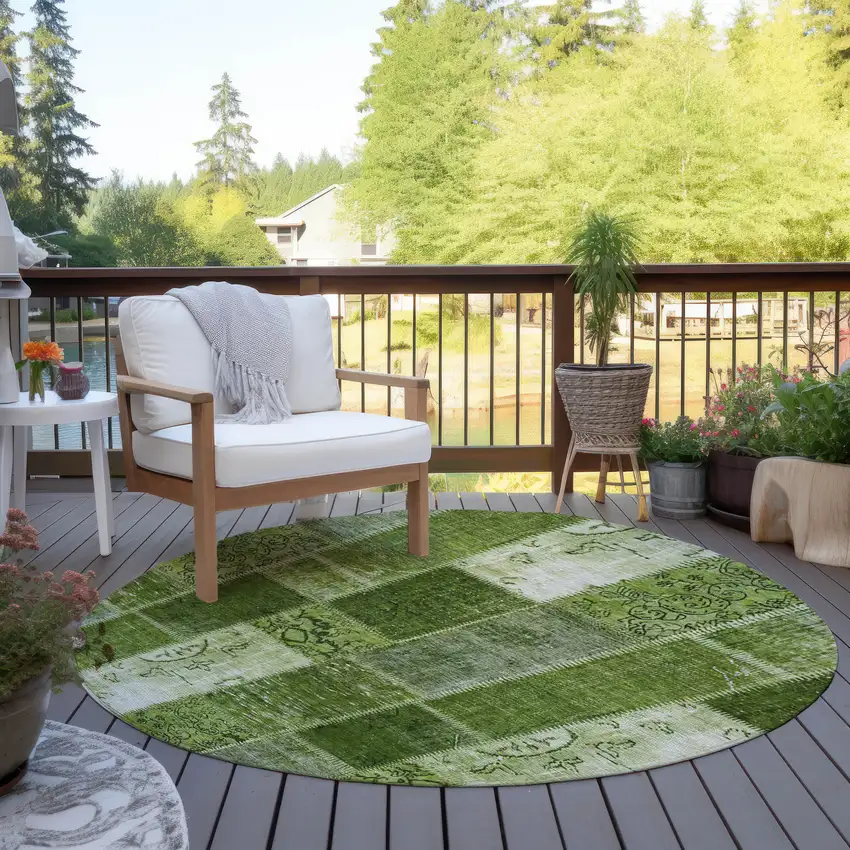 8' Olive Green And Artichoke Green Round Patchwork Washable Indoor Outdoor Area Rug Photo 6
