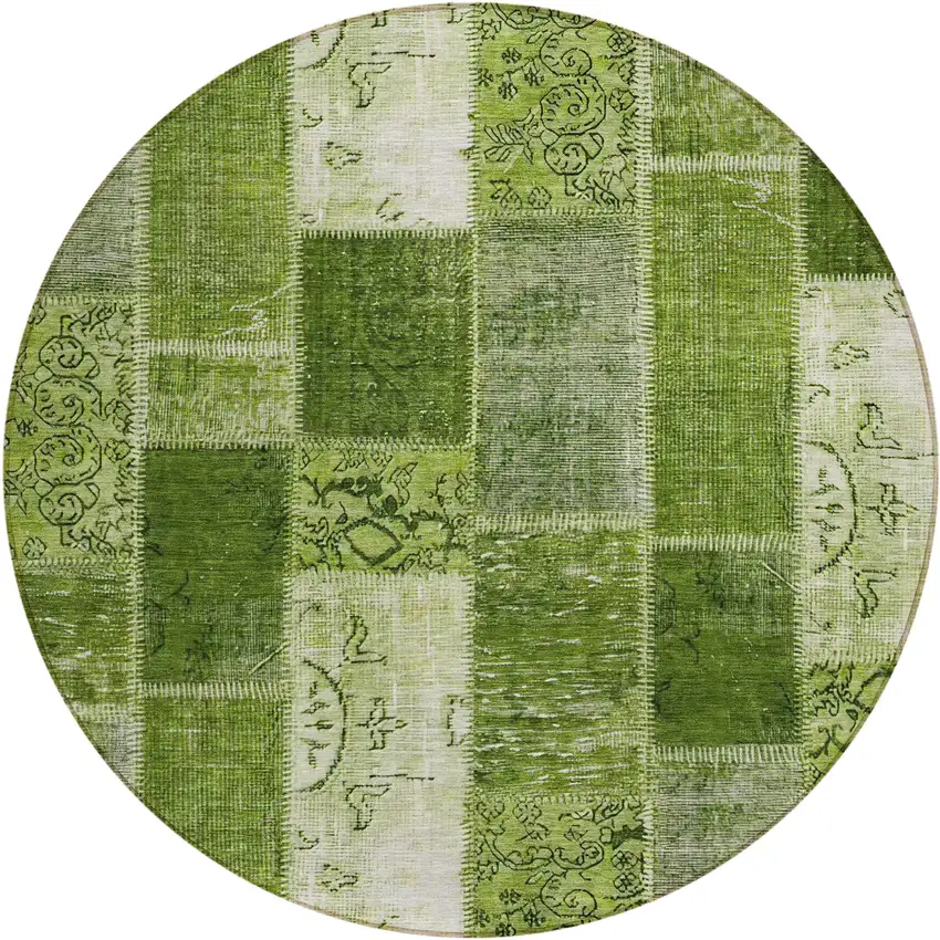 8' Olive Green And Artichoke Green Round Patchwork Washable Indoor Outdoor Area Rug Photo 1