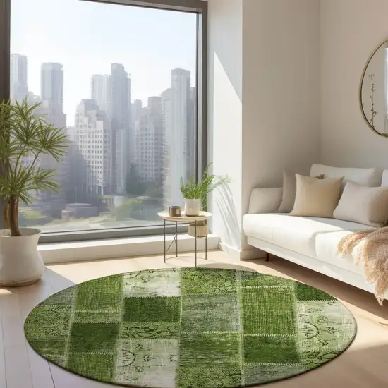 8' Olive Green And Artichoke Green Round Patchwork Washable Indoor Outdoor Area Rug Photo 7