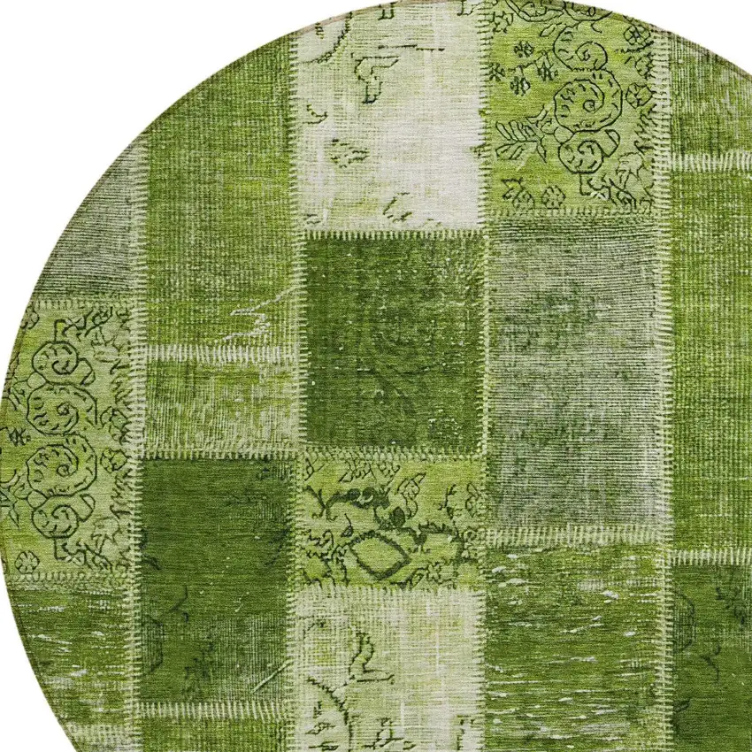 8' Olive Green And Artichoke Green Round Patchwork Washable Indoor Outdoor Area Rug Photo 4