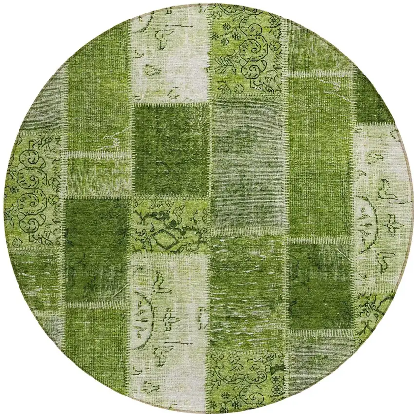 8' Olive Green And Artichoke Green Round Patchwork Washable Indoor Outdoor Area Rug Photo 5