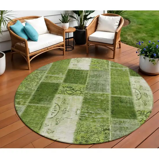 8' Olive Green And Artichoke Green Round Patchwork Washable Indoor Outdoor Area Rug Photo 1
