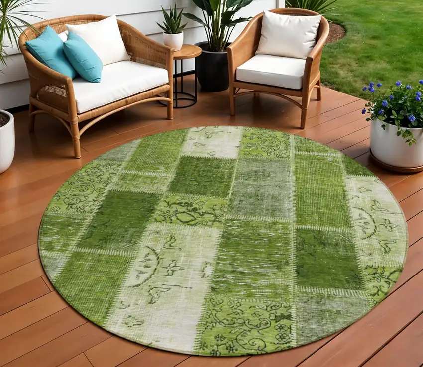 8' Olive Green And Artichoke Green Round Patchwork Washable Indoor Outdoor Area Rug Photo 1