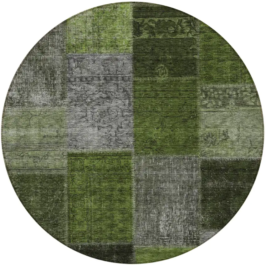 8' Olive Green And Artichoke Green Round Patchwork Washable Indoor Outdoor Area Rug Photo 6