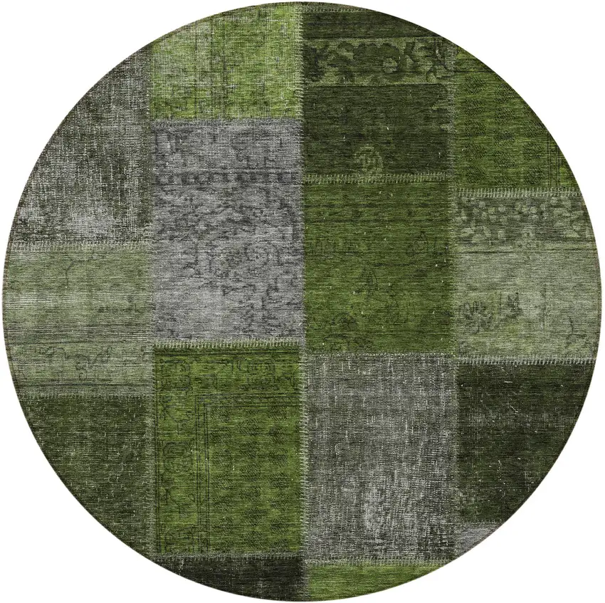 8' Olive Green And Artichoke Green Round Patchwork Washable Indoor Outdoor Area Rug Photo 6