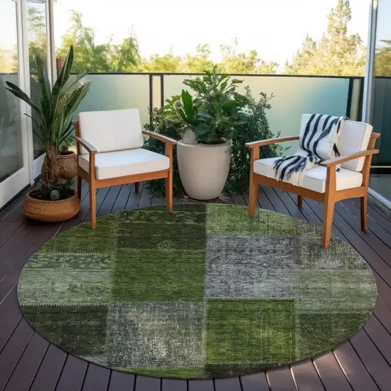 8' Olive Green And Artichoke Green Round Patchwork Washable Indoor Outdoor Area Rug Photo 7