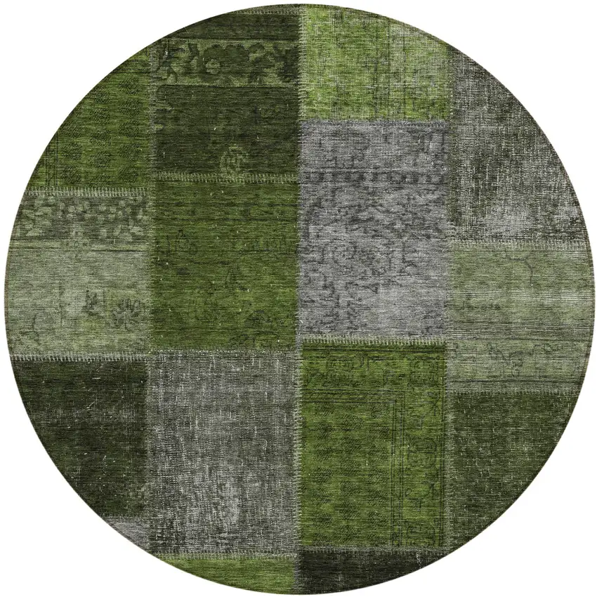 8' Olive Green And Artichoke Green Round Patchwork Washable Indoor Outdoor Area Rug Photo 2