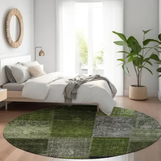 8' Olive Green And Artichoke Green Round Patchwork Washable Indoor Outdoor Area Rug Photo 8