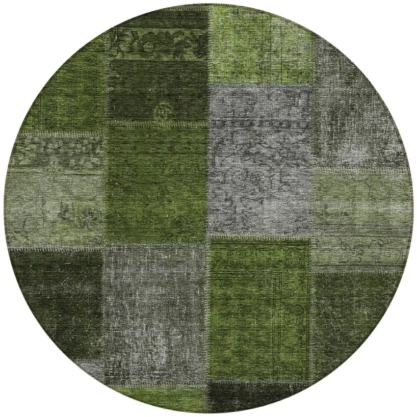 8' Olive Green And Artichoke Green Round Patchwork Washable Indoor Outdoor Area Rug Photo 5