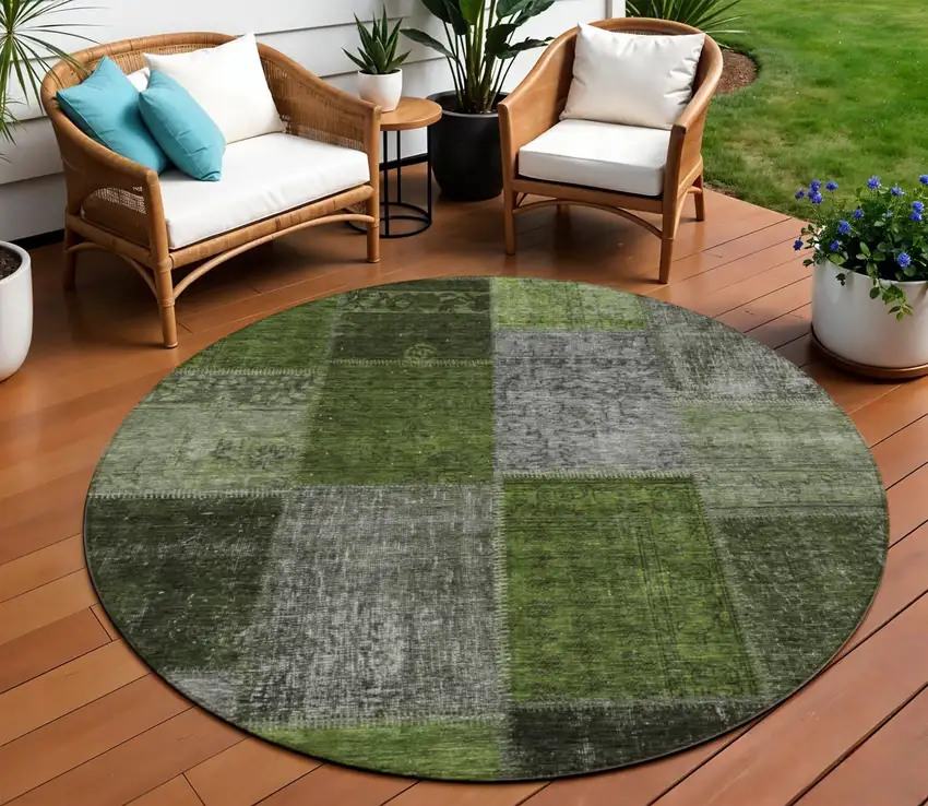 8' Olive Green And Artichoke Green Round Patchwork Washable Indoor Outdoor Area Rug Photo 1