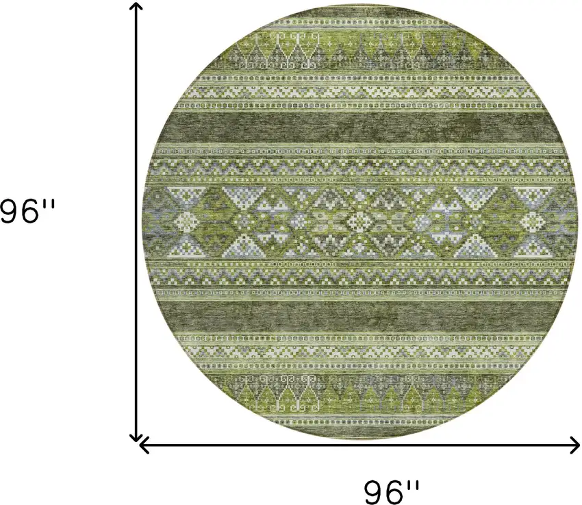 8' Olive Green And Artichoke Green Round Southwestern Washable Indoor Outdoor Area Rug Photo 9