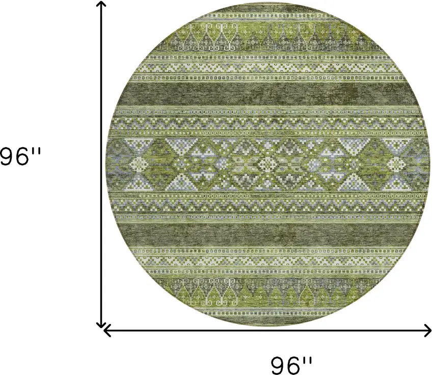 8' Olive Green And Artichoke Green Round Southwestern Washable Indoor Outdoor Area Rug Photo 9