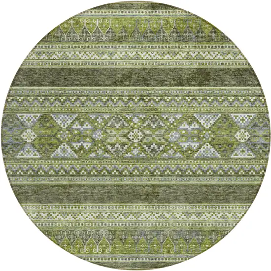 8' Olive Green And Artichoke Green Round Southwestern Washable Indoor Outdoor Area Rug Photo 1