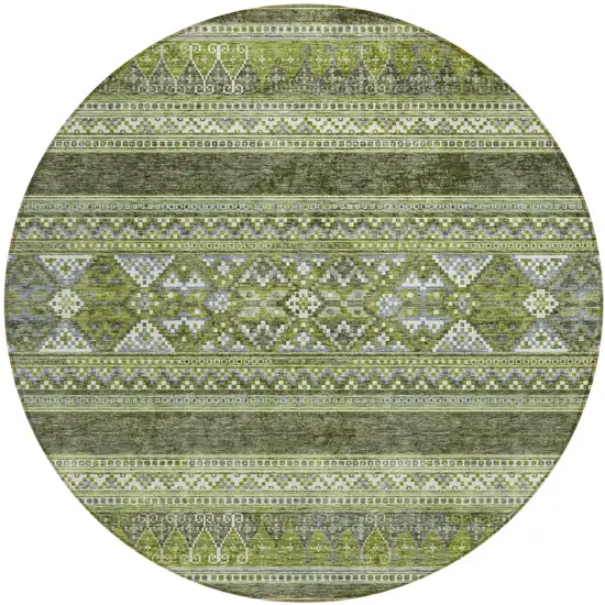 8' Olive Green And Artichoke Green Round Southwestern Washable Indoor Outdoor Area Rug Photo 1