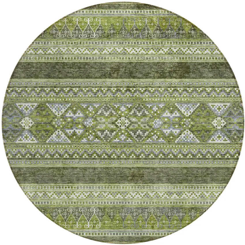 8' Olive Green And Artichoke Green Round Southwestern Washable Indoor Outdoor Area Rug Photo 1