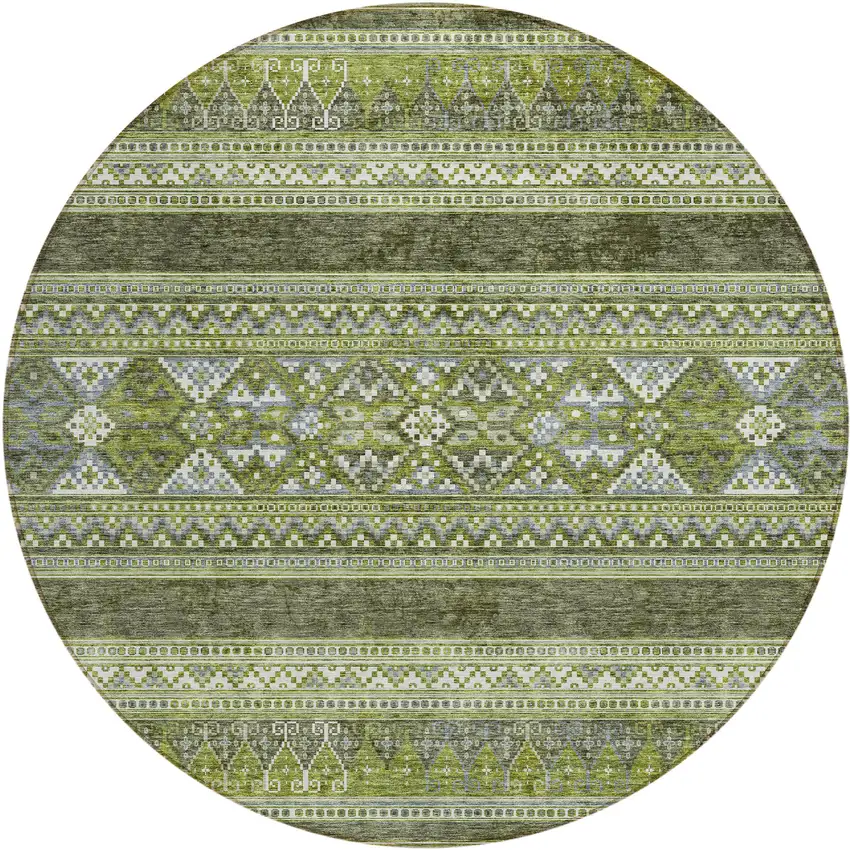 8' Olive Green And Artichoke Green Round Southwestern Washable Indoor Outdoor Area Rug Photo 1