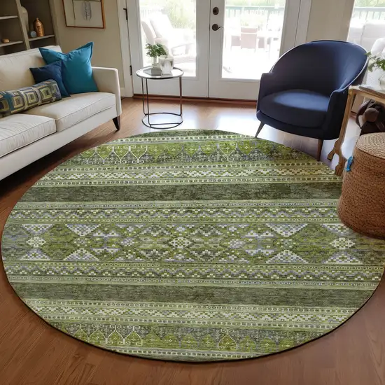 8' Olive Green And Artichoke Green Round Southwestern Washable Indoor Outdoor Area Rug Photo 8