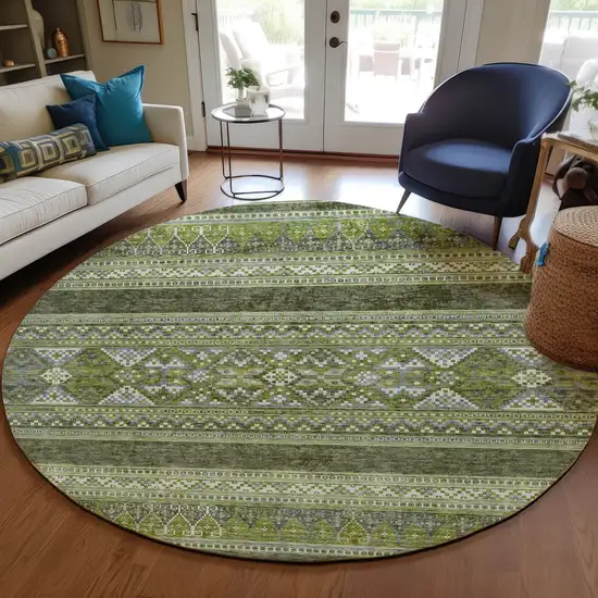 8' Olive Green And Artichoke Green Round Southwestern Washable Indoor Outdoor Area Rug Photo 8
