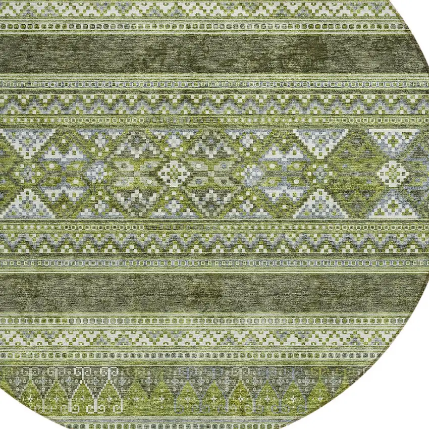8' Olive Green And Artichoke Green Round Southwestern Washable Indoor Outdoor Area Rug Photo 4