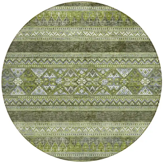 8' Olive Green And Artichoke Green Round Southwestern Washable Indoor Outdoor Area Rug Photo 5