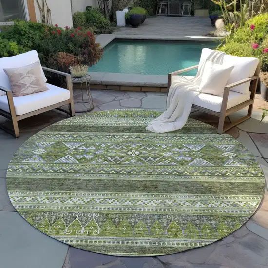 8' Olive Green And Artichoke Green Round Southwestern Washable Indoor Outdoor Area Rug Photo 8