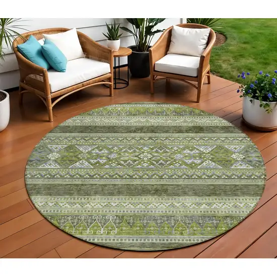 8' Olive Green And Artichoke Green Round Southwestern Washable Indoor Outdoor Area Rug Photo 1