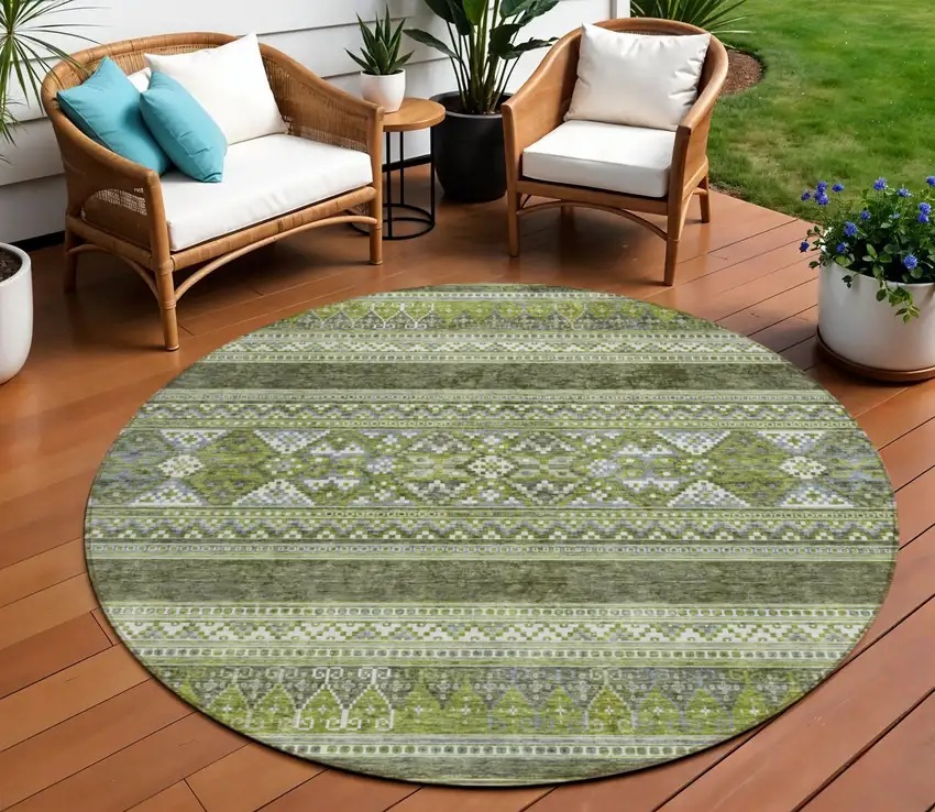 8' Olive Green And Artichoke Green Round Southwestern Washable Indoor Outdoor Area Rug Photo 1