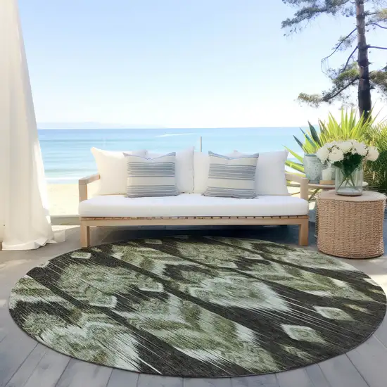 8' Olive Green And Artichoke Green Round Southwestern Washable Indoor Outdoor Area Rug Photo 6