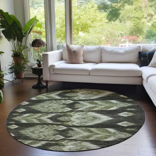 8' Olive Green And Artichoke Green Round Southwestern Washable Indoor Outdoor Area Rug Photo 7
