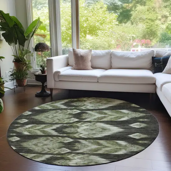 8' Olive Green And Artichoke Green Round Southwestern Washable Indoor Outdoor Area Rug Photo 7